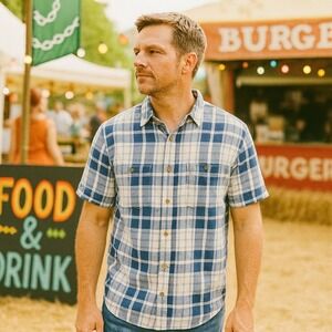 Old Navy Plaid Button Shirt Mens L Slim Fit Blue Check Casual Everyday Essential